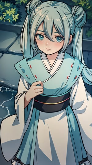 (masterpiece, best quality), ray tracing, absurdres,hatsune miku, aino,, 1girl, hanfu, solo, twintails, aqua eyes,aqua hair, hair bun, red ribbon,hair between eyes,long hair, double bun, shawl, looking at viewer,, sash, dress, hagoromo,outdoors,,blush,, ,
