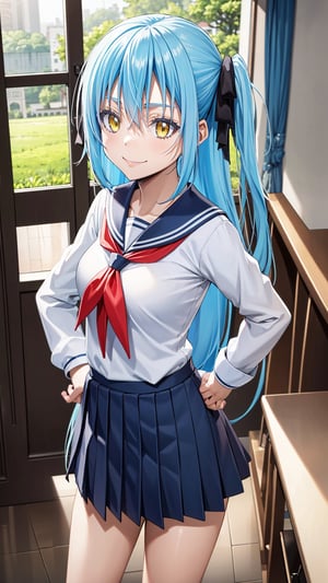 (masterpiece, best quality),ray tracing,absurdres,HDR,1girl,rimuru tempest,blue hair,yellow eyes,  long hair, breasts,,school uniform,  skirt, serafuku, sailor collar, v over eye, looking at viewer, pleated skirt, red neckerchief, neckerchief, white shirt, v, long sleeves, shirt, hand on hip, closed mouth, hair between eyes, smile, , (one side up:1.4), bangs, sailor shirt,  solo, black skirt,rimuru_tempest,long hair
