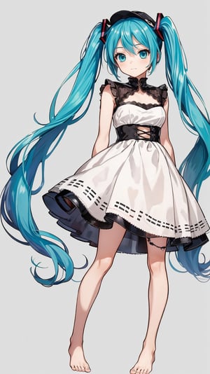 1girl, solo, long hair, twintails,white dress, hatsune miku, barefoot, arms behind back,  very long hair, white background, simple background ,bare legs,barefoot,standing
