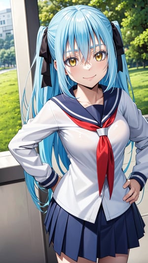 (masterpiece, best quality),ray tracing,absurdres,HDR,1girl,rimuru tempest,blue hair,yellow eyes,  long hair, breasts,,school uniform,  skirt, serafuku, sailor collar, v over eye, looking at viewer, pleated skirt, red neckerchief, neckerchief, white shirt, v, long sleeves, shirt, hand on hip, closed mouth, hair between eyes, smile, , (one side up:1.4), bangs, sailor shirt,  solo, black skirt,rimuru_tempest,long hair