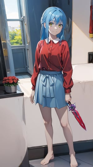 (masterpiece, best quality), ray tracing, absurdres, HDR,rimuru clothes, long hair, blue hair, yellow eyes, shirt, closed mouth, red shirt, 1girl, large breats,, rimuru tempest, skirt, bangs, red shirt, smile, solo, hair between eyes, grey skirt, long sleeves, collared shirt, ,blush ,looking at viewer,indoors,barefoot,full body, wucaitianjing, weapon, sword, , planted, planted sword, holding, holding sword,,
