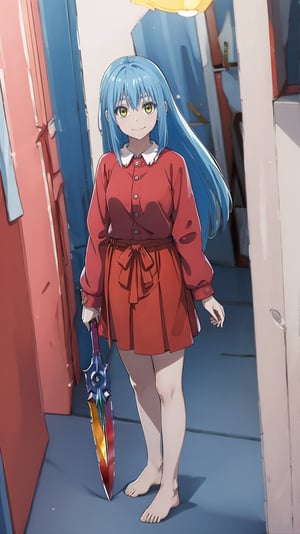 (masterpiece, best quality), ray tracing, absurdres, HDR,rimuru clothes, long hair, blue hair, yellow eyes, shirt, closed mouth, red shirt, 1girl, large breats,, rimuru tempest, skirt, bangs, red shirt, smile, solo, hair between eyes, grey skirt, long sleeves, collared shirt, ,blush ,looking at viewer,indoors,barefoot,full body, wucaitianjing, weapon, sword, , planted, planted sword, holding, holding sword,,
