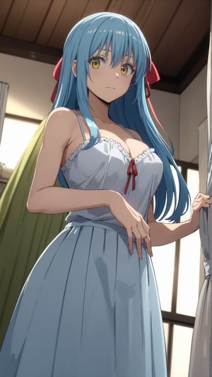 1girl, rimuru tempest, asexual, , solo, blue hair, yellow eyes,skirt, solo, long hair, grey skirt, , breasts, ribbon, camisole, hair ribbon, red ribbon, indoors, , from below, curtains, looking at viewer, cleavage,large breasts, bangs, pleated skirt, bare shoulders, closed mouth,  
