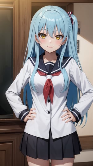 (masterpiece, best quality),ray tracing,absurdres,HDR,1girl,rimuru tempest,blue hair,yellow eyes, long hair,large breats, school uniform, skirt, serafuku, sailor collar, v over eye, looking at viewer, pleated skirt, red neckerchief, neckerchief, white shirt, v, long sleeves, shirt, hand on hip, closed mouth, hair between eyes, smile, , one side up, bangs, sailor shirt, solo, black skirt 
