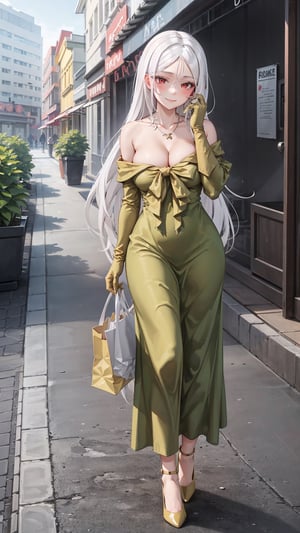 (masterpiece, best quality),ray tracing,absurdres, HDR,1girl,  jewelry,necklace,breasts, red eyes, solo, dress, long hair, looking at viewer, green dress, large breasts, cleavage, blush, bare shoulders,   off-shoulder dress,, white hair, collarbone, closed mouth, squiggle, bow, bangs, yellow bow, off shoulder,elbow gloves,yellow gloves,full body,frilled dress,long dress,high heels,outdoors,smile, outdoor, shopping street,hand up,bag
,Blanc,Blanc Attire