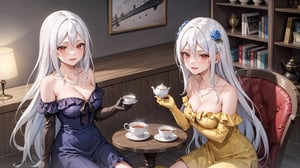 (masterpiece, best quality),ray tracing,absurdres, HDR,(2 girls), 1girl,rimuru tempest,long hair,  teacup,light blue hair,yellow eyes, medium breasts,pearl necklace, teapot, gloves,red gloves, ,brooch, sitting, tea, hair between eyes,  jewelry,blue rose,  blue flower, hair flower, sleeveless, table,  straight hair, smile, cup, looking at viewer, blue dress, shiny hair, open mouth, bangs,  shiny,  , dress,  sleeveless dress, chair, yellow dress,frills,
1girl, ,jewelry,necklace,breasts, red eyes, solo, dress, long hair, looking at viewer, green dress, large breasts, cleavage, blush, bare shoulders,   off-shoulder dress,, white hair, collarbone, closed mouth, squiggle, bow, bangs, yellow bow, off shoulder,elbow gloves,yellow gloves,cowboy shot,frilled dress,long dress,smile,