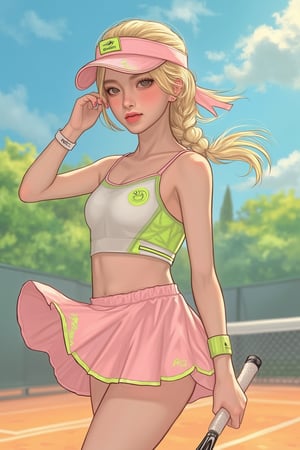 A vibrant and energetic image of a young girl dressed in a feminine tennis sport-style outfit, featuring a pale pink and lime green palette. She stands confidently on the tennis court, racket in hand, one hand poses to block the hot sun, flowy blonde hair braid, with a soft pink skirt flowing around her knees. The lime green accents on her outfit pop against the warm, sun-kissed background, creating a lively atmosphere, shading lineart, shading, lineart, 2.5D, illustration, portrait, closeup, Score_9, Score_8_up, Score_7_up, behance work, intricate, vibrant color, High quality, 8k hd, best quality, detailed skin texture, complicated, 8k ultra hd, high resolution, high definition, excellent quality, stunning image, volumetric lighting, detail quality Enhancer,