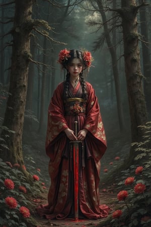 (ethereal dark fairy tale by Nicola Samori, JC Leyendecker), young anime girl standing thé ground in a dark forest holding a bloody katana , dark red kimono, chrysanthemum floral décoration, (dark + gothic, + foreboding background:1.4), more detail XL