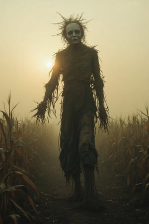 A hauntingly beautiful scene: a ghostly figure of a scarecrow stands eerily still in a vast cornfield, its ragged clothes billowing in an invisible wind. The setting sun casts long shadows across the dry, golden stalks as the scarecrow's face seems to fade into the darkness, its straw-stuffed body appearing to dissolve into the surrounding landscape.,Ghost 