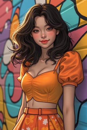 a single girl posing in front of a colorful mural, wearing a vibrant outfit with puffy sleeves and a flared skirt. Her hair is styled in loose curls, framing her smiling face. The sunlight casts a warm glow on her features, with soft shadows accentuating her youthful charm, shading lineart, shading, lineart, 2.5D, illustration, portrait, closeup, Score_9, Score_8_up, Score_7_up, behance work, intricate, vibrant color, High quality, 8k hd, best quality, detailed skin texture, complicated, 8k ultra hd, high resolution, high definition, excellent quality, stunning image, volumetric lighting, detail quality Enhancer,