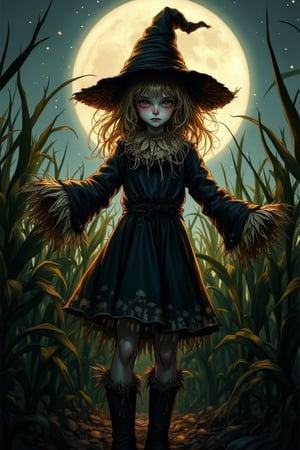 A girl stands tall in a scarecrow costume, her gaze directly addressing the viewer. She's positioned like the iconic scarecrow, one leg bent and arms outstretched, amidst a lush green cornfield backdrop. The cold moonlight casts a white-golden glow, illuminating her curious expression and the intricate details of her costume. In this eerie yet whimsical illustration, she embodies the spirit of Halloween's Thriller night, beckoning us to step into the harvest season's spine-tingling fun.