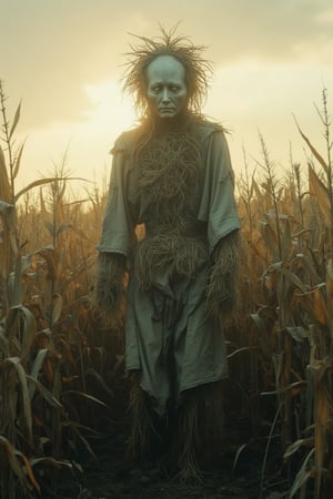 A hauntingly beautiful scene: a ghostly figure of a scarecrow stands eerily still in a vast cornfield, its ragged clothes billowing in an invisible wind. The setting sun casts long shadows across the dry, golden stalks as the scarecrow's face seems to fade into the darkness, its straw-stuffed body appearing to dissolve into the surrounding landscape.,Ghost 