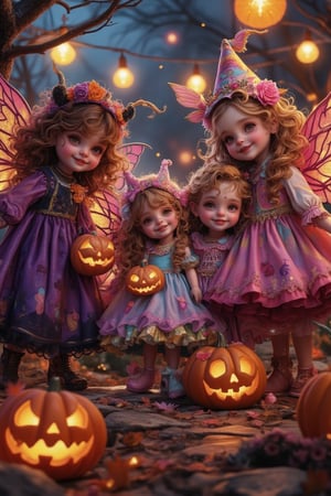 4 adorable girls wear colorful fairy costume at Halloween costume party, 3d dolls, vibrant color, illustration