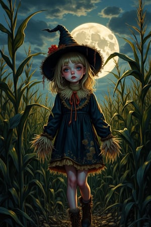 A girl stands tall in a scarecrow costume, her gaze directly addressing the viewer. She's positioned like the iconic scarecrow, one leg bent and arms outstretched, amidst a lush green cornfield backdrop. The cold moonlight casts a white-golden glow, illuminating her curious expression and the intricate details of her costume. In this eerie yet whimsical illustration, she embodies the spirit of Halloween's Thriller night, beckoning us to step into the harvest season's spine-tingling fun.