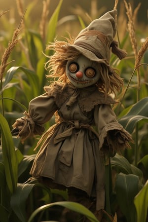 A vintage-inspired photograph of a SCARECROW doll sitting atop a lush green CORNFIELD, its straw-stuffed body and ragged clothes blending seamlessly with the rustic surroundings. The doll's bright, painted-on SMILE and button eyes seem to hold a sense of friendly warning to any unwanted visitors. A warm SUNBEAM casts a golden glow over the scene, with the corn stalks swaying gently in the breeze, as if trying to get closer to the endearing SCARECROW's outstretched arms.,3d haunted doll