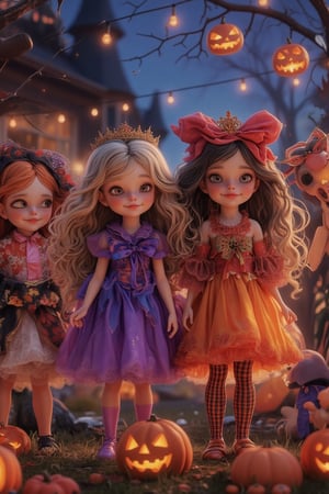 4 adorable girls wear colorful fairy costume at Halloween costume party, 3d dolls, vibrant color, illustration