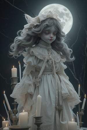 1girl, haunted doll wear a white dress, white candles everywhere, FULL MOON BACKGROUND