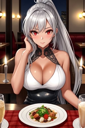 1 girl, silver hair, red eyes, big breasts, long hair, tanned, ponytail, under boob, restaurant, sitting on the seat, elbows resting on the table, hands under the chin, looking at the viewer from the front, evening dress, romantic dinner, candles, tablecloth on the table, male point of view, people in the background, woman with flirtatious/in love look