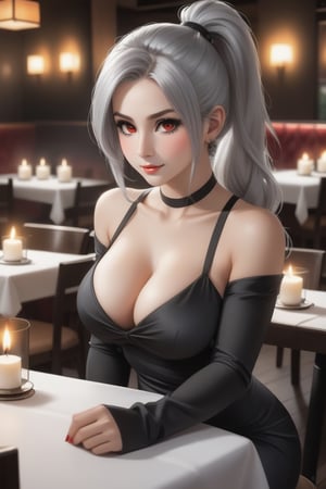 1 girl, silver hair, red eyes, big breasts, pronounced butt, exposed navel, black leggings, long hair, brunette woman, ponytail, under boob, restaurant, sitting on the seat, elbows resting on the table, hands under the chin, looking at the viewer from the front, evening dress, romantic dinner, candles, tablecloth on the table, male point of view, people in the background, woman with flirtatious/in love look