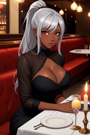 1 girl, silver hair, red eyes, big breasts, long hair, semi-dark skinned woman, tanned, ponytail, under boob, restaurant, sitting on the seat, elbows resting on the table, hands under the chin, looking at the viewer from the front, evening dress, romantic dinner, candles, tablecloth on the table, male point of view, people in the background, woman with flirtatious/in love look