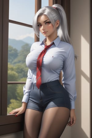 1 girl, silver hair, red eyes, tanned, big breasts, wide hips, button-down shirt and tie, exposed navel, jean shorts, pantyhose, long hair, ponytail, tight pants (inside boob; side boob;tit window;under tit)