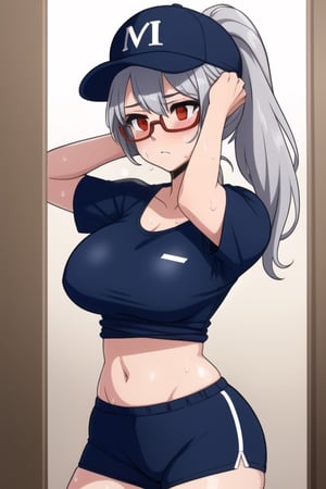 1 girl, silver hair, red eyes, big breasts, pronounced butt with sports clothes, cap and glasses, ponytail, tight clothes, sweating, wiping sweat from face with t-shirt, exposed navel, exposed tits