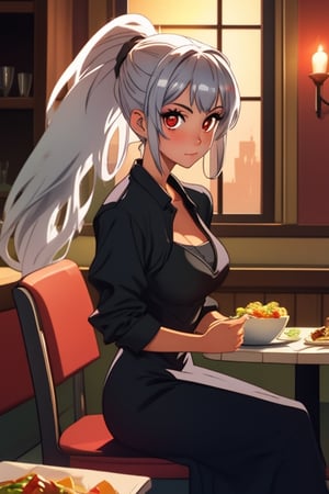 1 girl, silver hair, red eyes, big breasts, long hair, tanned, ponytail, under boob, restaurant, sitting on the seat, elbows resting on the table, hands under the chin, looking at the viewer from the front, evening dress, romantic dinner, candles, tablecloth on the table, male point of view, people in the background, woman with flirtatious/in love look