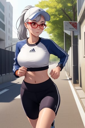 1 girl with fine features, silver hair, red eyes, big breasts, pronounced butt with sportswear, cap and glasses, ponytail, tight clothing, running/jogging/walking on the street, sweating, exposed navel