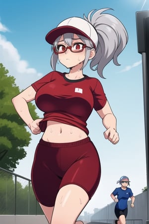 1 girl, silver hair, red eyes, big breasts, pronounced butt with sports clothes, cap and glasses, ponytail, tight clothes, running/jogging/walking in the street, exposed breasts, sweating, wiping sweat from face with the bottom of the shirt, exposed navel,