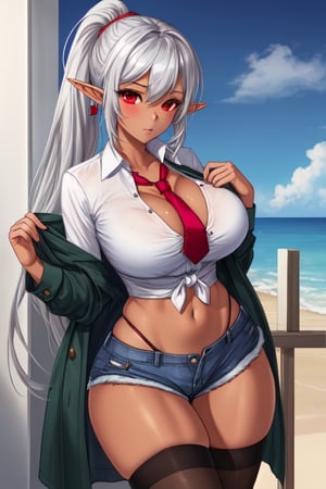 1 girl, silver hair, red eyes, tan, big breasts, wide hips, button-down shirt and tie, jean shorts, thigh-high stockings, long hair, ponytail, abdomen, sexy thong, elf ears (side chest internal; lateral chest; chest window; under the chest)