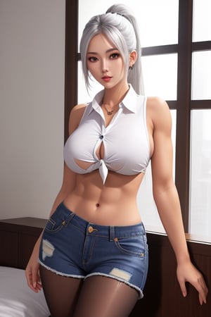 1 girl, silver hair, red eyes, tanned, big breasts, wide hips, button-down shirt and tie, exposed navel, jean shorts, pantyhose, long hair, ponytail, tight pants,muscular, abdomen,(inner sideboob; sideboob; boob window; underboob)