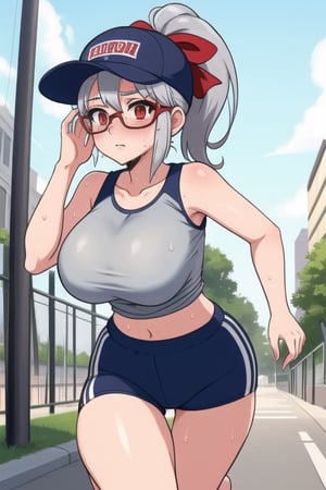 1 girl, silver hair, red eyes, big breasts, pronounced butt with sports clothes, cap and glasses, ponytail, tight clothes, running/jogging/walking in the street, exposed breasts, sweating, wiping sweat from face with the bottom of the shirt, exposed navel,