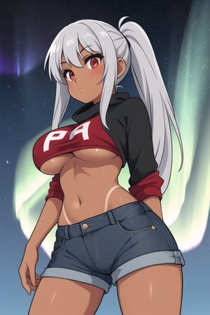 1 girl, silver hair, red eyes, big breasts, pronounced butt, exposed navel, black leggings, sweatshirt, denim shorts, long hair, brunette woman, pigtail, exposed breasts, under boob, tight pants, tanned, background with northern lights and stars in the sky.