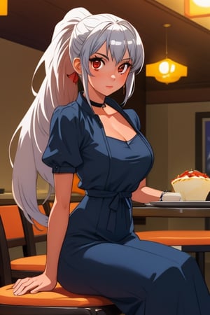 1 girl, silver hair, red eyes, big breasts, long hair, tanned, ponytail, under boob, restaurant, sitting on the seat, elbows resting on the table, hands under the chin, looking at the viewer from the front, evening dress, romantic dinner, candles, tablecloth on the table, male point of view, people in the background, woman with flirtatious/in love look