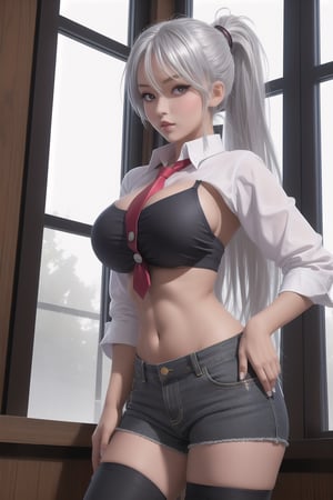 1 girl, silver hair, red eyes, tanned, large breasts, wide hips, button-down shirt and tie, exposed navel, jean shorts, thigh-high stockings, long hair, ponytail, tight pants, muscular, abdomen,(inner sideboob; sideboob; boob window; underboob)