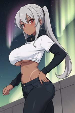 1 girl, silver hair, red eyes, big breasts, pronounced butt, exposed navel, black leggings, sweatshirt, denim shorts, long hair, brunette woman, pigtail, exposed breasts, under boob, tight pants, tanned, background with northern lights and stars in the sky.