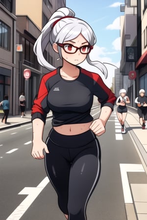 1 girl with fine features, silver hair, red eyes, big breasts, pronounced butt with sportswear, cap and glasses, ponytail, tight clothing, running/jogging/walking on the street, sweating, exposed navel