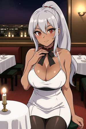 1 girl, silver hair, red eyes, big breasts, long hair, tanned, ponytail, under boob, restaurant, sitting on the seat, elbows resting on the table, hands under the chin, looking at the viewer from the front, evening dress, romantic dinner, candles, tablecloth on the table, male point of view, people in the background, woman with flirtatious/in love look