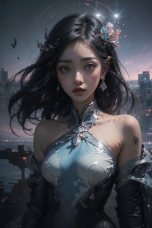 (double exposure art of a black hair young Taiwanese goddess of Ocean and city scape:1.2) , masterpiece, best quality, (HDR), (muted color, soothing tones, dim color), ((nude ,16 years-old, small round face , full-body)) , cyberpunk style,student uniform , ((in a colorul dusk)) , perfect anatomy , surreal fantasy , Epic Art , color magic,aahana