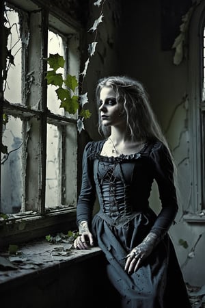 Young girl, ragged clothing, in an abandoned room, crumbling paint, ivy creeping through a broken window, moonlight, (gothic:1.5, desaturated colors:1.5)