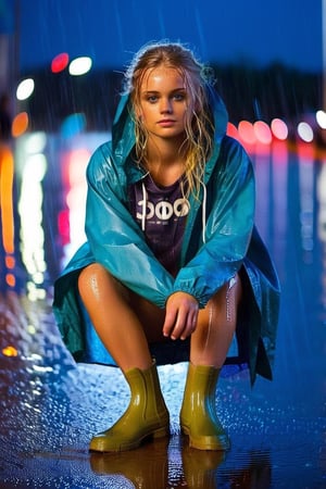 20-year-old blonde girl, sitting in rain, soaked clothes, reflective puddles, city lights in the background, (impressionism:1.5, vibrant colors:1.5)