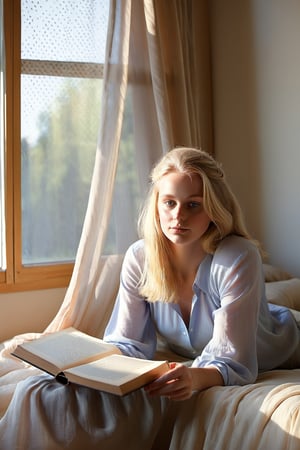 20-year-old blonde girl, lounging on the bed, morning sunlight filtering through sheer curtains, scattered books, (realism:1.5, soft lighting:1.5)