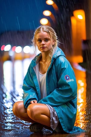 20-year-old blonde girl, sitting in rain, soaked clothes, reflective puddles, city lights in the background, (impressionism:1.5, vibrant colors:1.5)