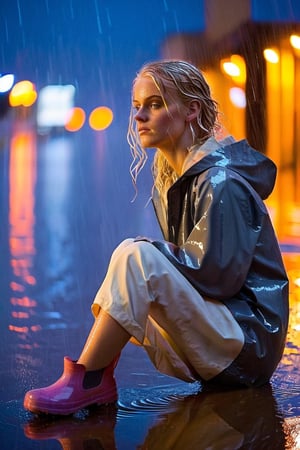 20-year-old blonde girl, sitting in rain, soaked clothes, reflective puddles, city lights in the background, (impressionism:1.5, vibrant colors:1.5)