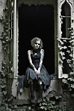 Young girl, ragged clothing, in an abandoned room, crumbling paint, ivy creeping through a broken window, moonlight, (gothic:1.5, desaturated colors:1.5)