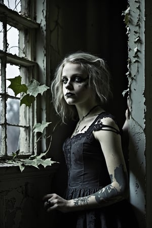 Young girl, ragged clothing, in an abandoned room, crumbling paint, ivy creeping through a broken window, moonlight, (gothic:1.5, desaturated colors:1.5)