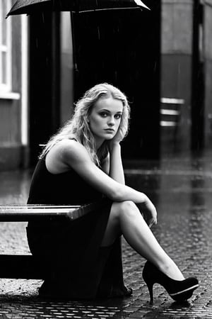 Young woman, blonde, 20 years old, sitting under the rain, umbrella lying unused nearby, solitary street, (film noir:1.5)