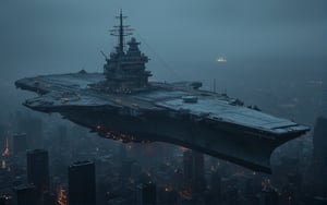 at night, huge futuristic aircraft carrier, flying over the city of metal and glass, photorealistic image, masterpiece, best quality, 8K, sharp focus