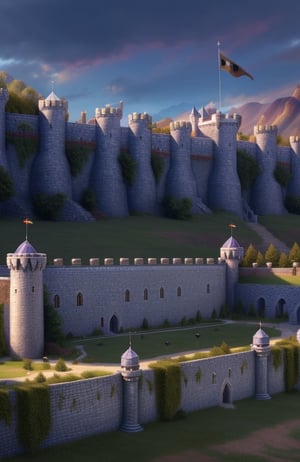 by day, walls of an epic fantasy castle, (((defended by army of paladins))), (walls view), realistic photography, masterpiece, high quality UHD 8K