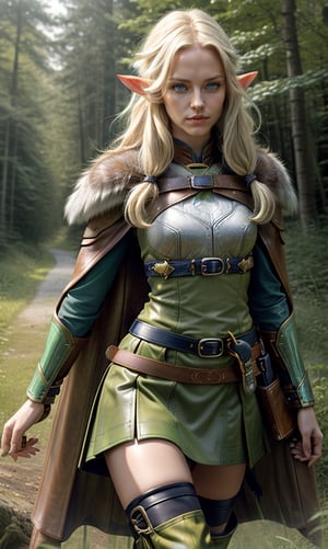 Photorealistic image ((Masterpiece)), ((high quality)) UHD 8K, of a beautiful girl, Viking elf warrior, (slim, tall model), (long elf ears), (medium chest), (skinny waist), (hair long blonde), (deep blue eyes), (((Leather green armor with short green skirt and intricate details, Various belts at waist))), (Arrow holster at waist), ((fur cape)), (on the forest), Natural lighting, professional DSLR camera,pikkyhighelf,high_elf_archer